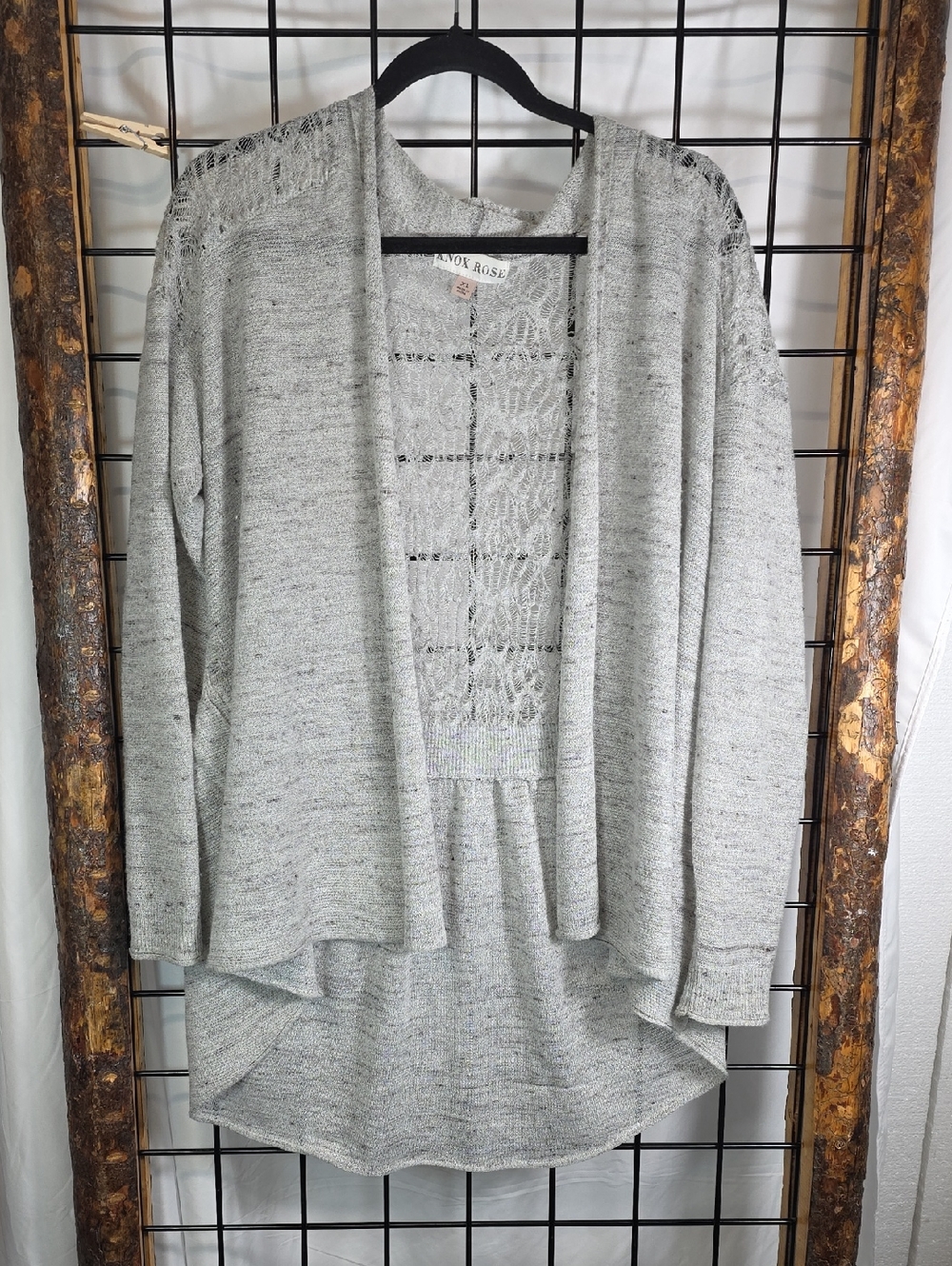 Knox Rose Heather Gray Open-Front Cardigan with Lace-Back Panel